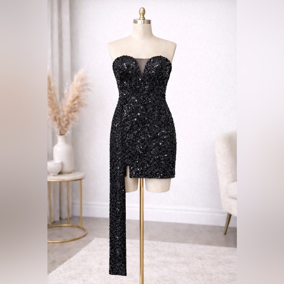 Zara Dresses & Skirts - Zara Black Sequin Asymmetrical Strapless Mini Dress Mesh Bust Size M